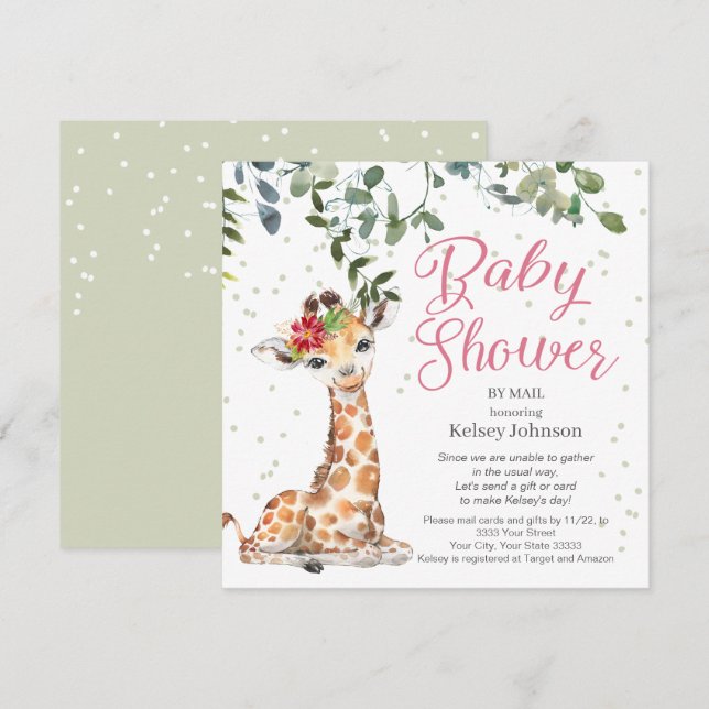 Giraffe Eucalyptus Rosa Blommigt Baby Shower Inbjudningar (Fram/baksida)