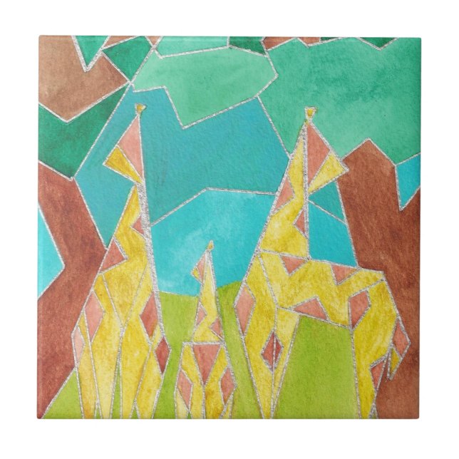 Giraffe Family Original Abstract Art Kakelplatta (Framsidan)