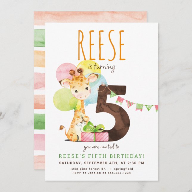Giraffe Femte Födelsedagsfest inbjudan (Fram/baksida)