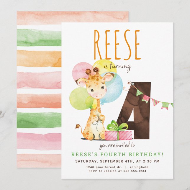 Giraffe Fjärde Födelsedagsfest inbjudan (Fram/baksida)