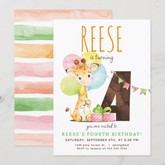 Giraffe Fjärde Födelsedagsfest inbjudan