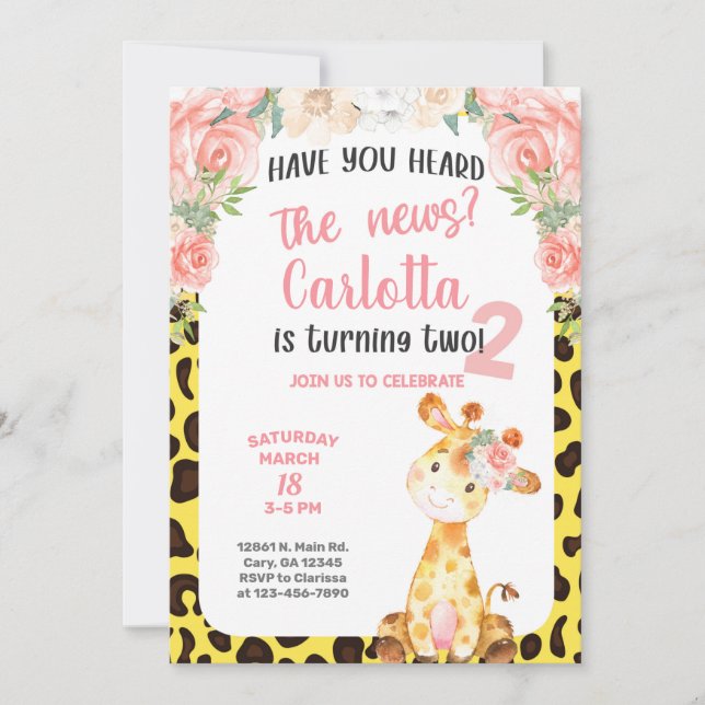 Giraffe flicka 2:a, andra födelsedag inbjudan. inbjudningar (Framsida)