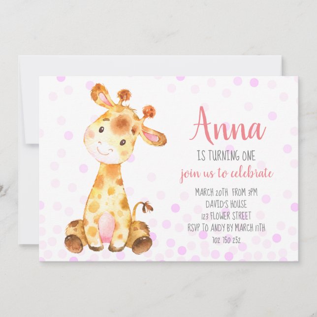 Giraffe Flicka Cute Confetti Rosa födelsedag Inbjudningar (Framsida)
