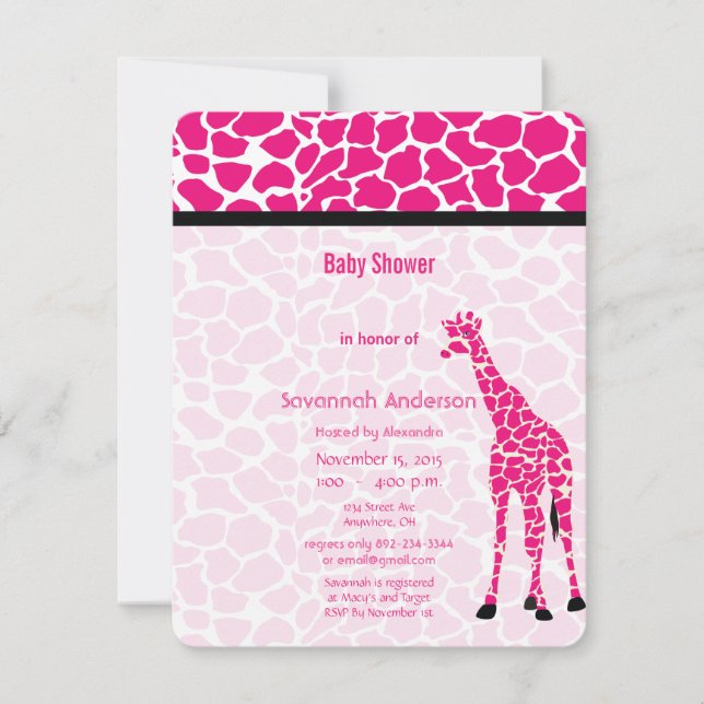Giraffe Flicka ROSA Modern Mönster Baby Shower Inbjudningar (Framsida)