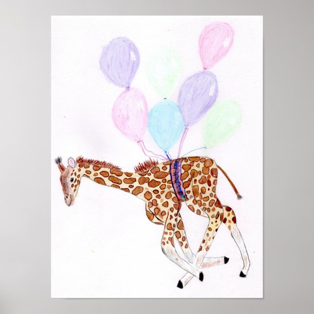 Giraffe flying with some balloons Poster (Framsidan)
