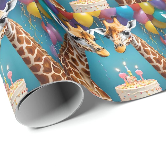 Giraffe-Födelsedagsfest med ballongkummel, Presentpapper (Rullad Hörn)