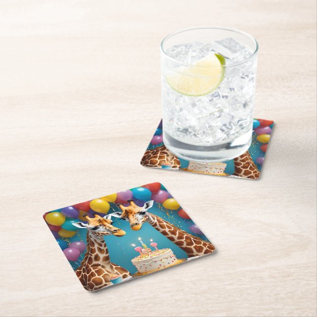 Giraffe-Födelsedagsfest med ballongkummel, Underlägg Papper Kvadrat (Insitu)