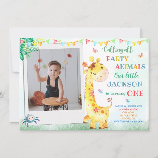 Giraffe födelsedagsinbjudan Photo safari inbjudan (Framsida)