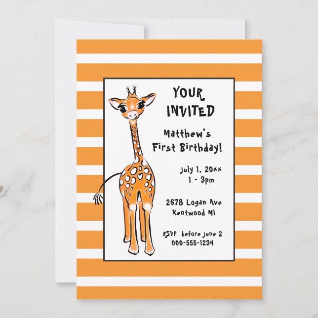Giraffe - första födelsedag inbjudningar (Framsida)