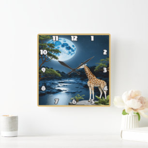 Giraffe från floden Moonlit under Starlit Himmel Fyrkantig Klocka