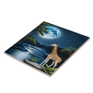 Giraffe från floden Moonlit under Starlit Himmel Kakelplatta