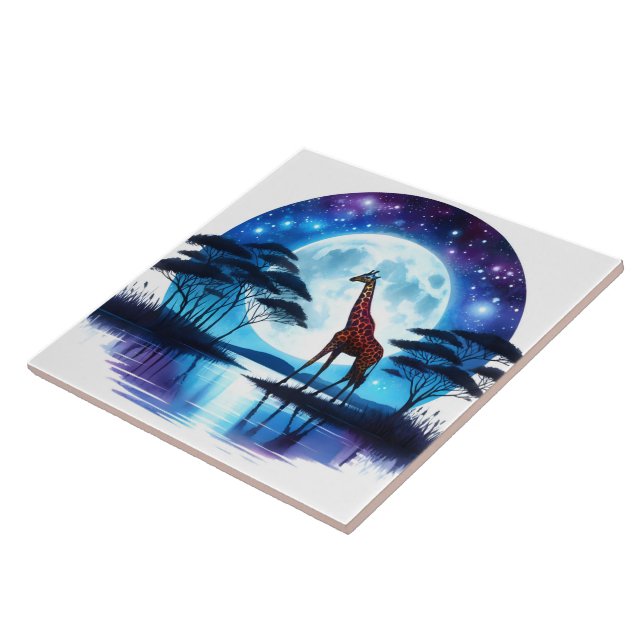 Giraffe från Serene Sjö under en hel måne Kakelplatta (Sidan)