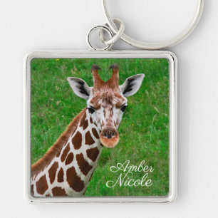 Giraffe Fyrkantig Silverfärgad Nyckelring