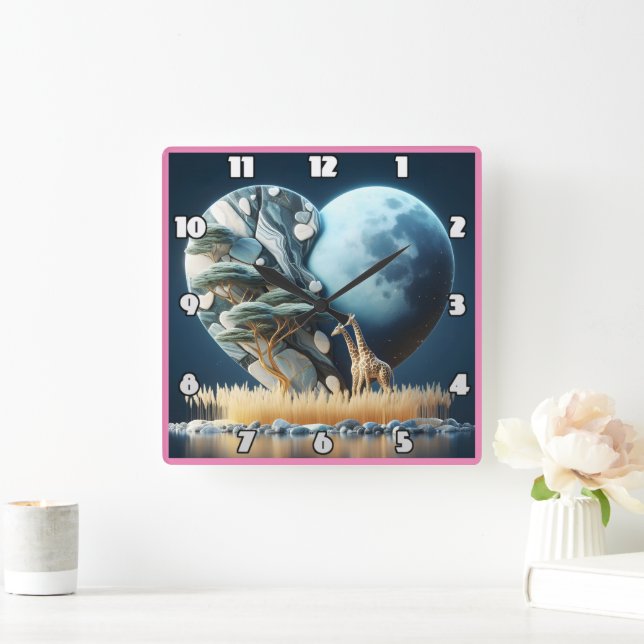 Giraffe gazes at moonlit savanna in Afrika Fyrkantig Klocka (Hem)