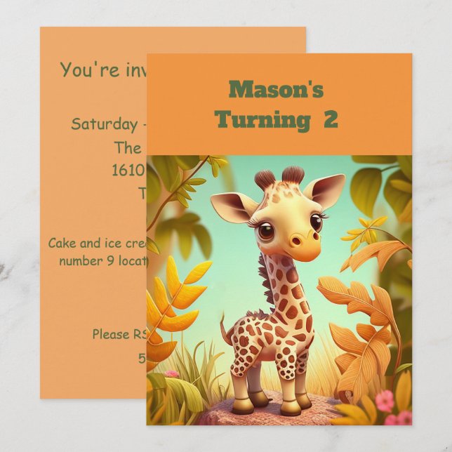 Giraffe Gender Neutral Födelsedagsfest inbjudan (Fram/baksida)