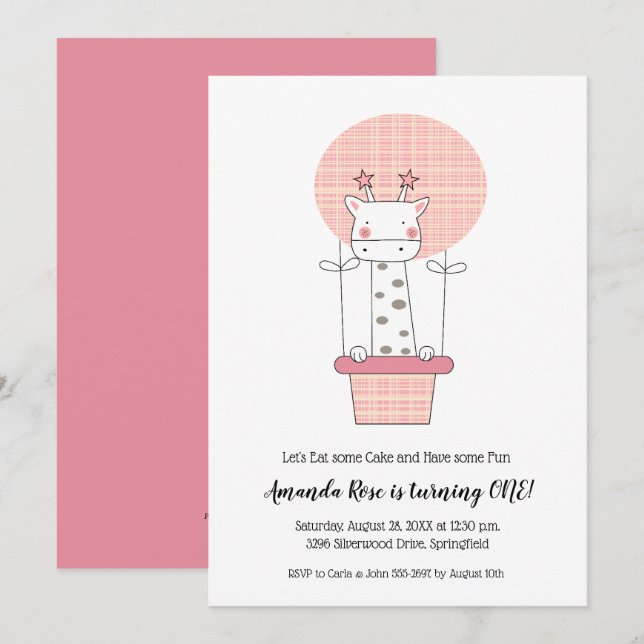 Giraffe Girl First Birthday Inbjudningar (Fram/baksida)