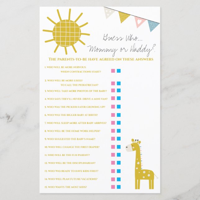 Giraffe Gissa vem, Mamma eller pappa Baby Shower-s (Framsida)