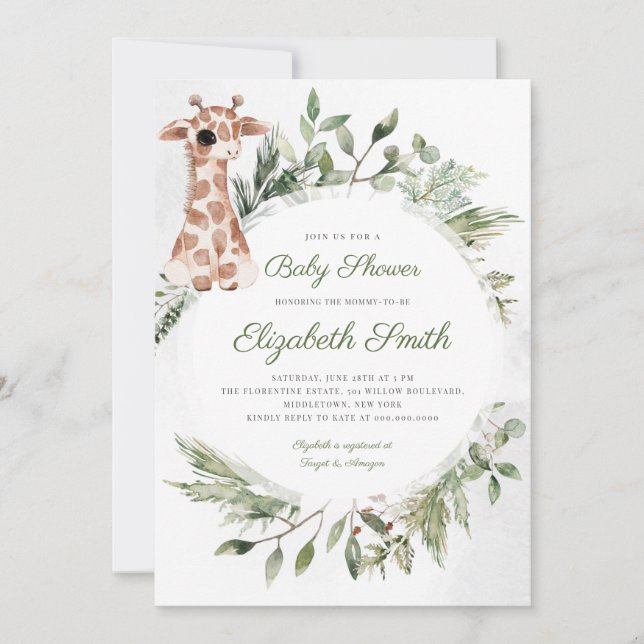 Giraffe Greenery Gender Neutral Animal Baby Shower Inbjudningar (Framsida)