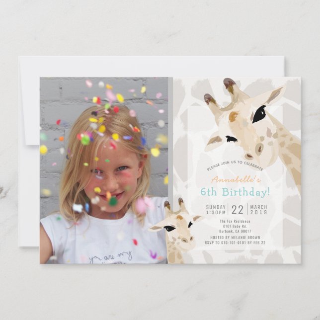 Giraffe Greige Watercolor Kids Photo Birthday Inbjudningar (Framsida)