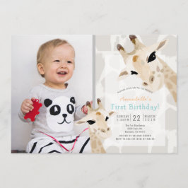 Giraffe Greige Watercolor Photo 1st Birthday Inbjudningar