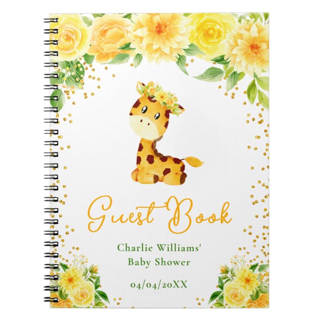 Giraffe Gult Blommigt Baby Shower Guest Bok Anteckningsbok (Framsidan)