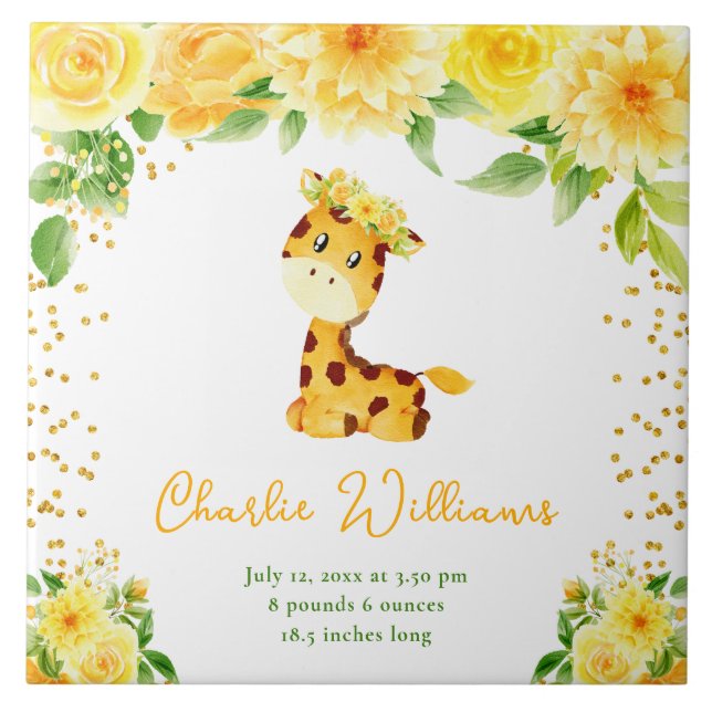 Giraffe Gult Blommigt Birth Statistics Kakelplatta (Framsidan)