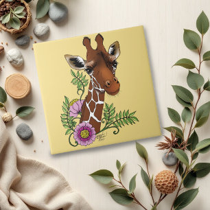 Giraffe Gult Porträtt Flowers Kakelplatta