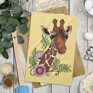Giraffe Gult Porträtt Flowers Kökshandduk