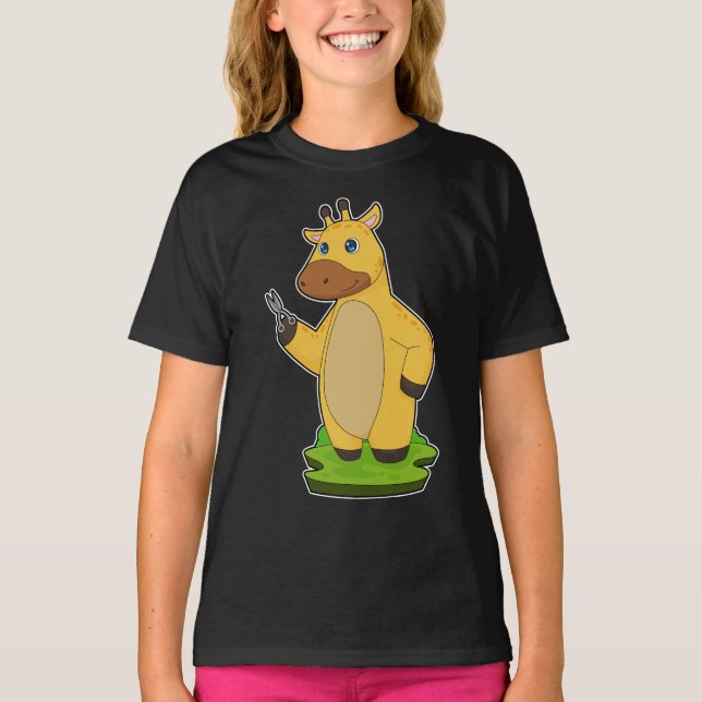 Giraffe Hairdresser Scissors T Shirt (Framsida)