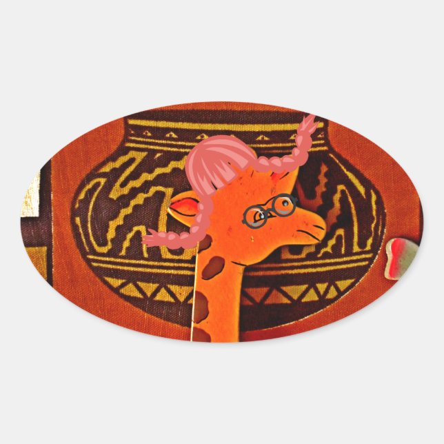 Giraffe Hat Art-utskrift Ovalt Klistermärke (Framsida)