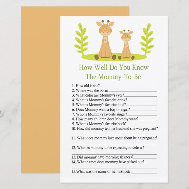 Giraffe Hur bra vet du om babyduschspel? (Fram/baksida)