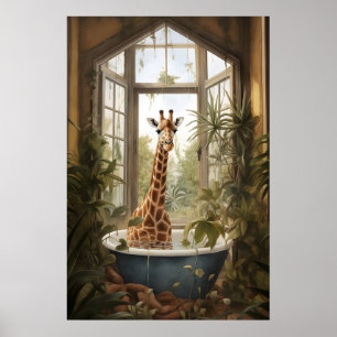 Giraffe i badkar Blomma Badrum Tryck, Botanisk Poster