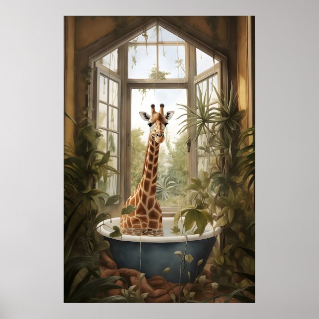 Giraffe i badkar Blomma Badrum Tryck, Botanisk Poster (Framsidan)