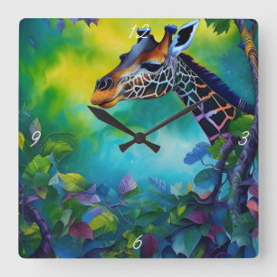 Giraffe i träd II Fyrkantig Klocka
