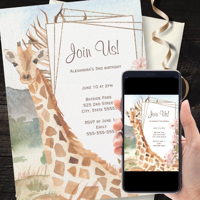 Giraffe in African Savannah Födelsedagsfest Inbjudningar (Available in physical and digital formats!)