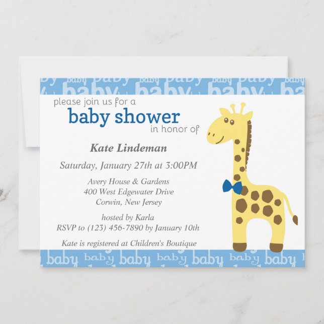Giraffe in Blue Bow Baby Shower for Boy Inbjudningar (Framsida)