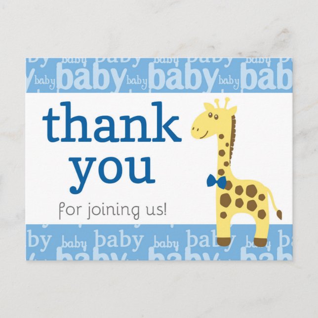 Giraffe in Blue Bow Baby Shower for Boy Tack Vykort (Framsida)