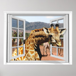 Giraffe in Fake Window View Trompe l'oeil Effect Poster