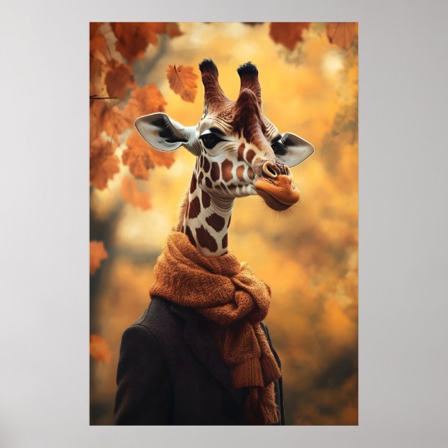Giraffe in Fall Clothes Art Print, Autumn Poster (Framsidan)