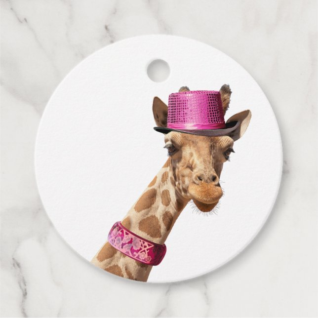 Giraffe in sparkly rosa hat gåvor etiketter (Framsida)