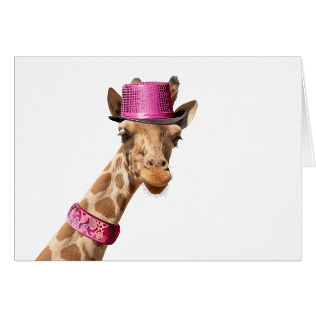 Giraffe in sparkly rosa hat hälsningskort (Framsidan Horizontal)