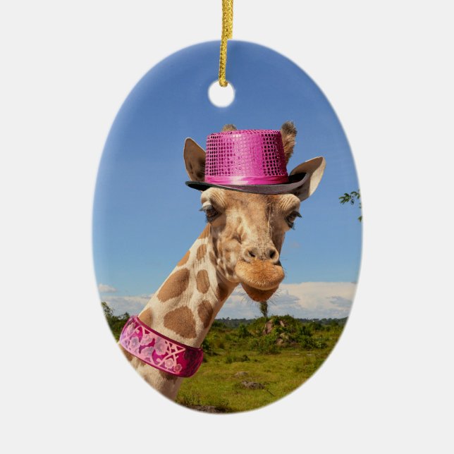 Giraffe in sparkly rosa hat julgransprydnad keramik (Framsidan)