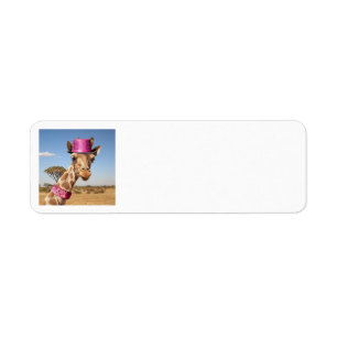 Giraffe in sparkly rosa hat returadress etikett