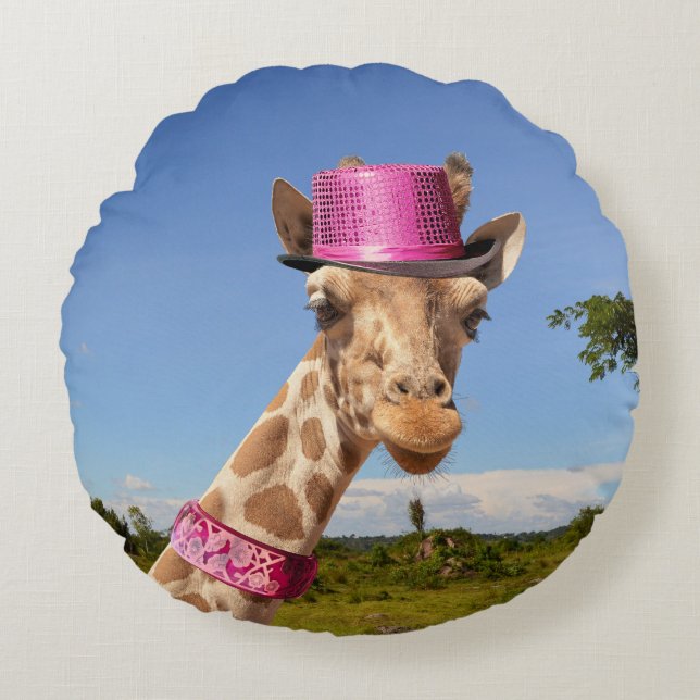 Giraffe in sparkly rosa hat rund kudde (Framsidan)