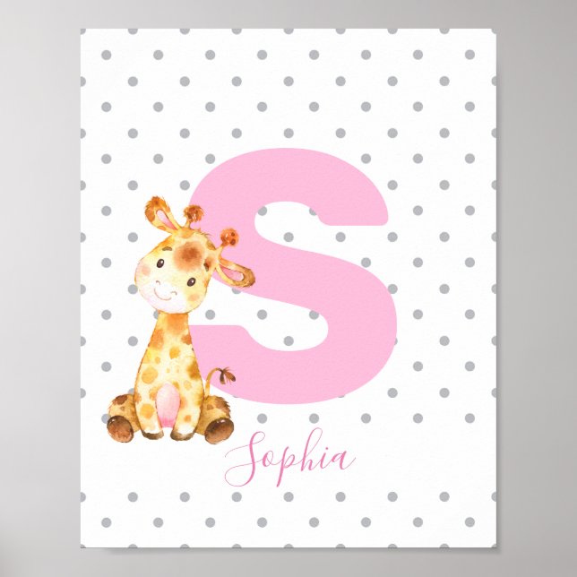Giraffe Jungle Personlig Namn Girl Baby Nursery Poster (Framsidan)