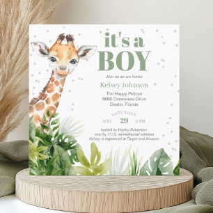 Giraffe Jungle Safari Boy Grönt Baby Shower Inbjudningar