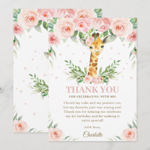 Giraffe Jungle Safari Rosa  Blommigt Birthday  Tack Kort