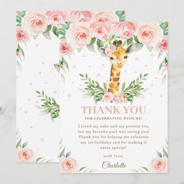 Giraffe Jungle Safari Rosa  Blommigt Birthday  Tack Kort (Fram/baksida)