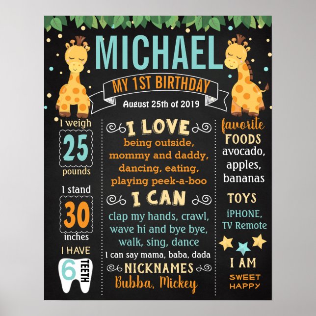Giraffe Jungle Zoo Animals Birthday-tecken Poster (Framsidan)