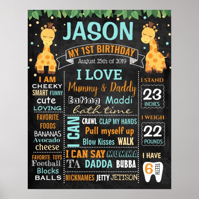 Giraffe Jungle zoo First Birthday chalkboard Poster (Framsidan)